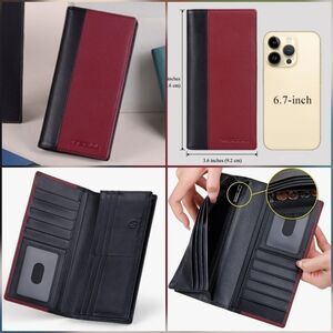🩵NIB Black & Burgundy Italian Leather RFID Blocking Long Bi-Fold Wallet
